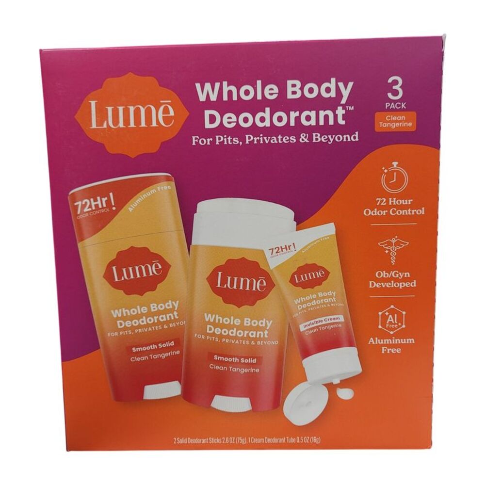 Lume Whole Body Solid Deodorant Stick & Mini Cream 3-Pack Set, Clean Tangerine